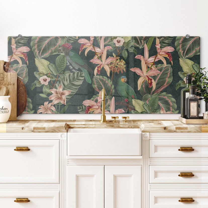 Salpicadero de cocina Selva con loros Verde noche - Bloomery Decor - Panorama