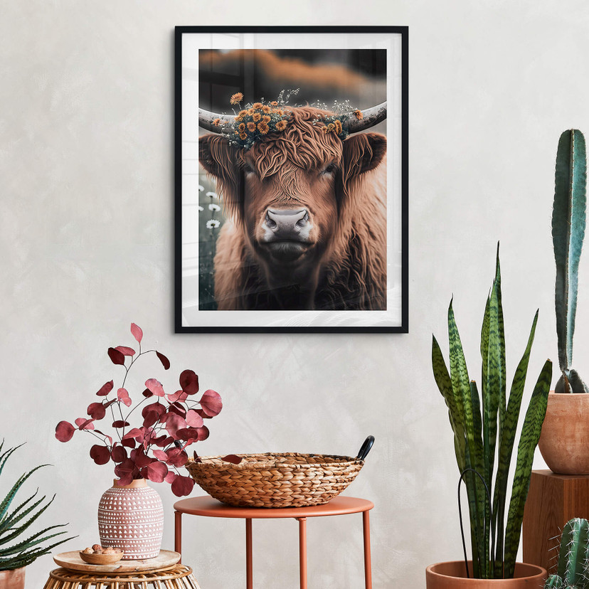 Plakat Treechild - Krowa rasy Highland z wieńcem kwiatowym