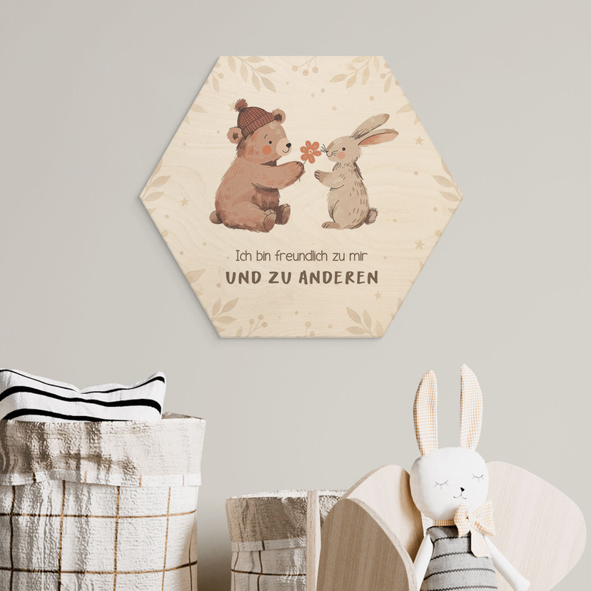 Holzbild Hexagon mit Bär und Hase - positiver Spruch 'Ich bin freundlich'