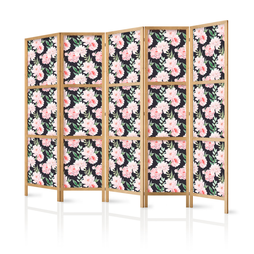Japanischer Paravent, Raumteiler freistehend, Trennwand - Peonies on Graphite Background