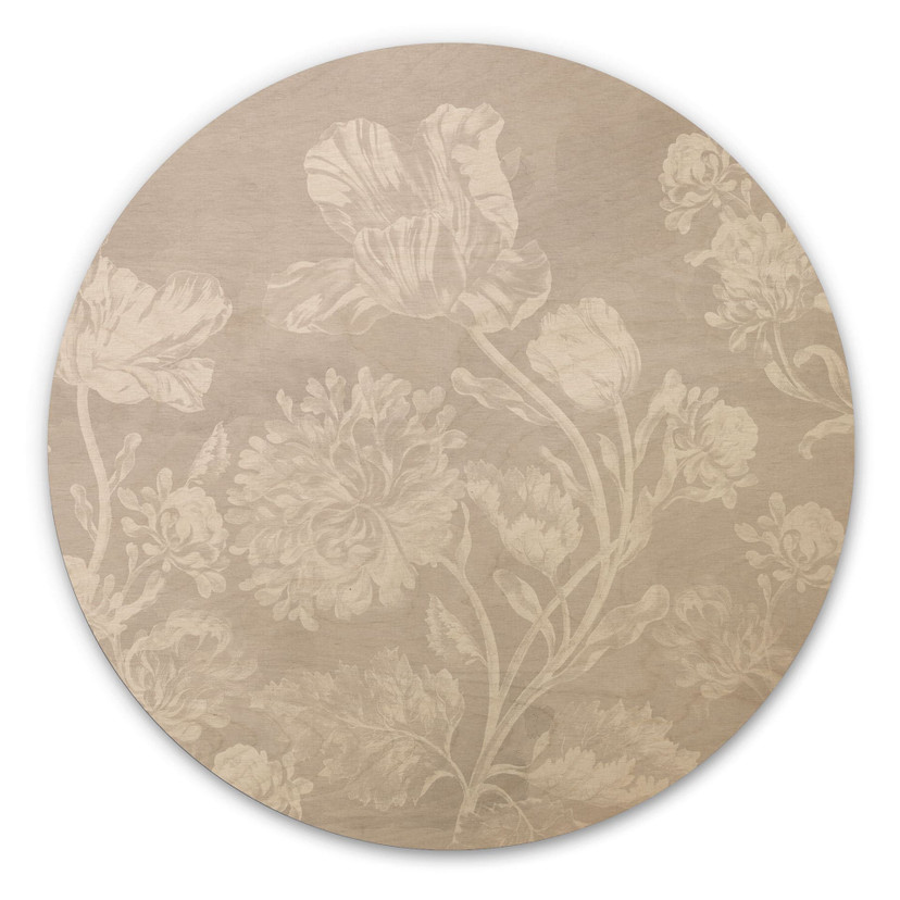 Houten Wanddecoratie wilde bloemen in krijtlook beige - Bloemdecor - Rond