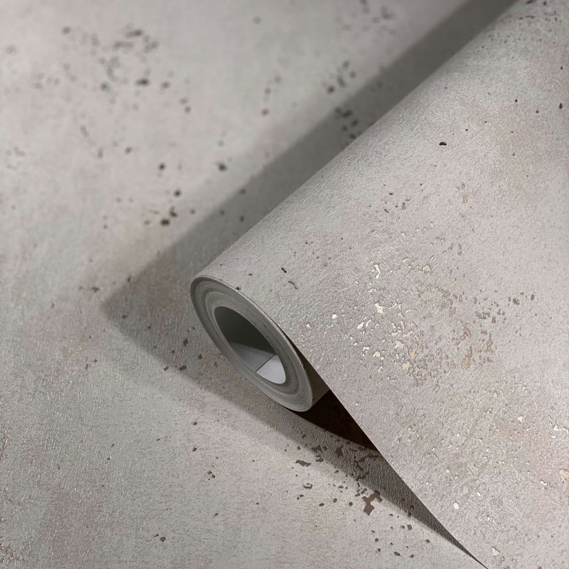 Non-woven tapet med lys metallic-effekt i ensfarvet gråt strukturmønster