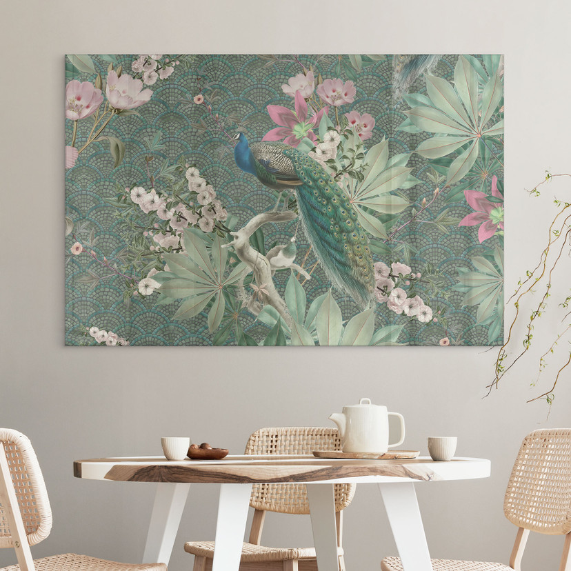 Tableau en verre acrylique Paon dans un jardin tropical sur mosaïque - Bloomery Decor
