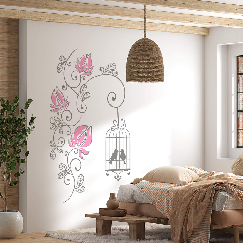 Sticker mural - Couronne de fleurs et cage à oiseaux (bicolore)