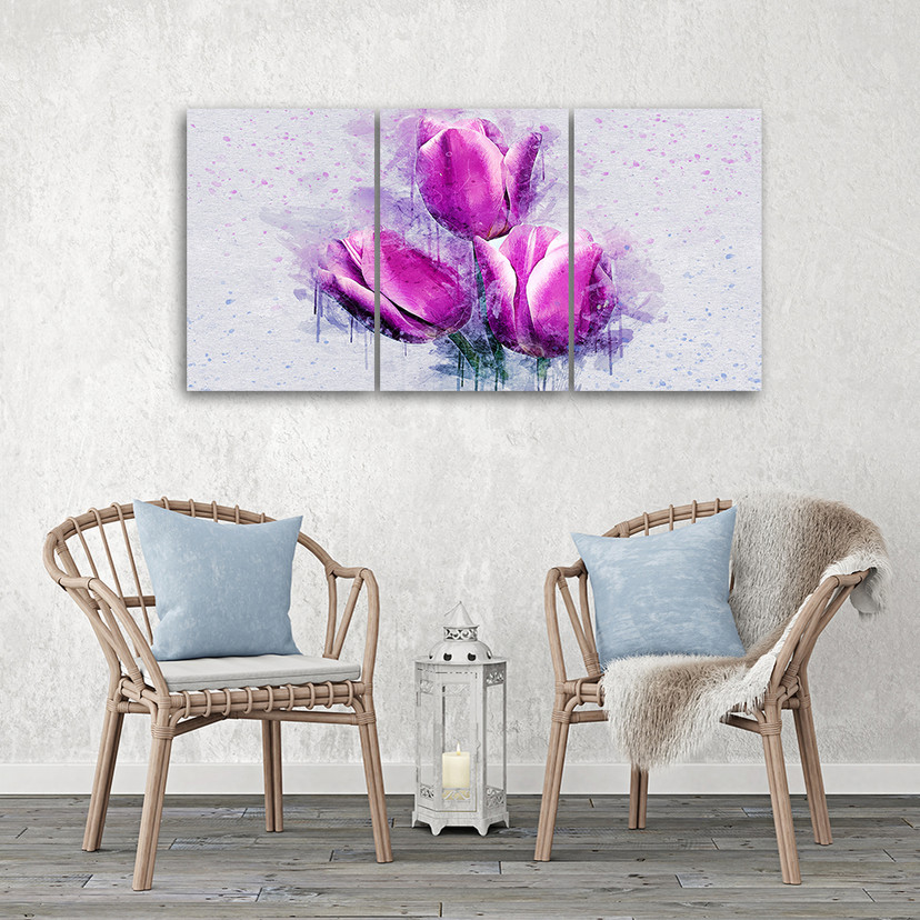 3 stykke lærredsprint, Tulipaner Blomster Pink