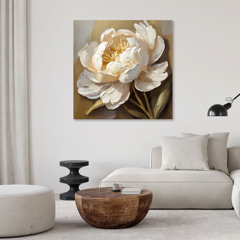 Canvasbillede, pæon creme håndmalet