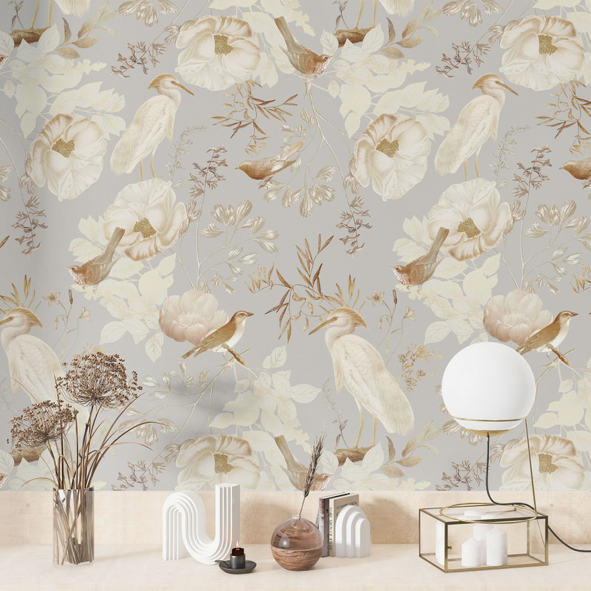 Tapet med mønster - fugle blandt hvide blomster - UN Designs
