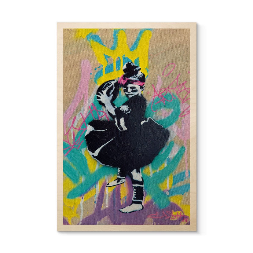 Houten Wanddecoratie Ballerina met Voetbal Graffiti - Habib