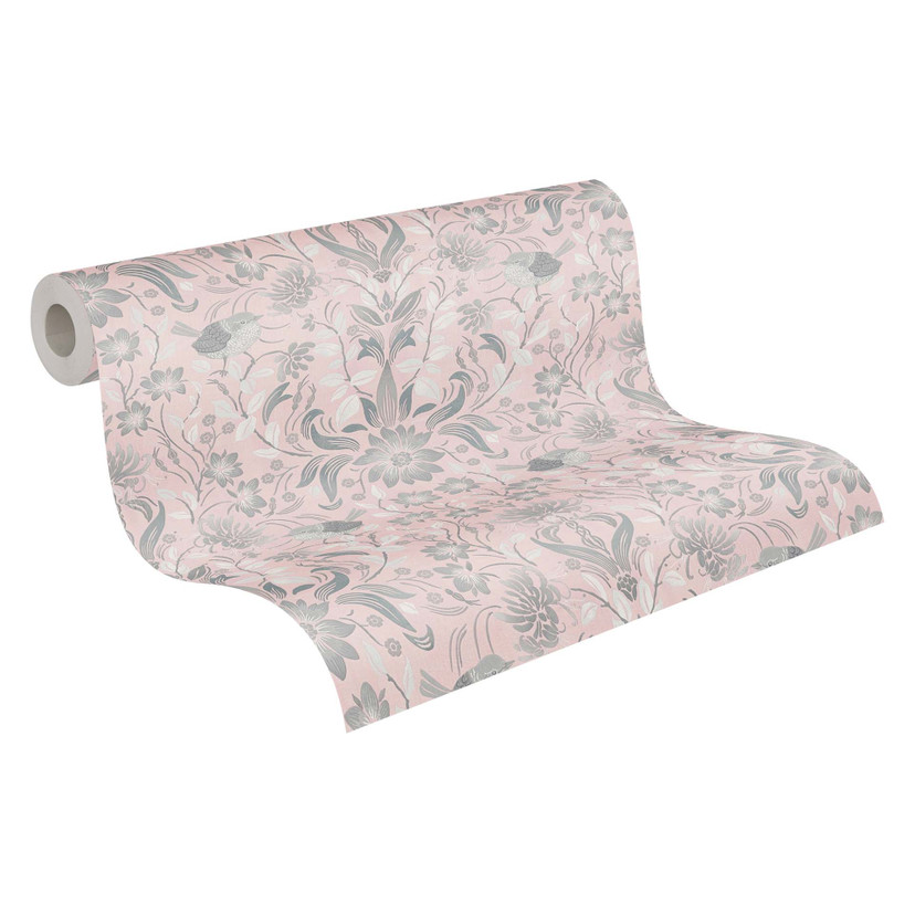 Floral pink grey - tapeta flizelinowa Country House A.S. Création - matowa i z lekką fakturą