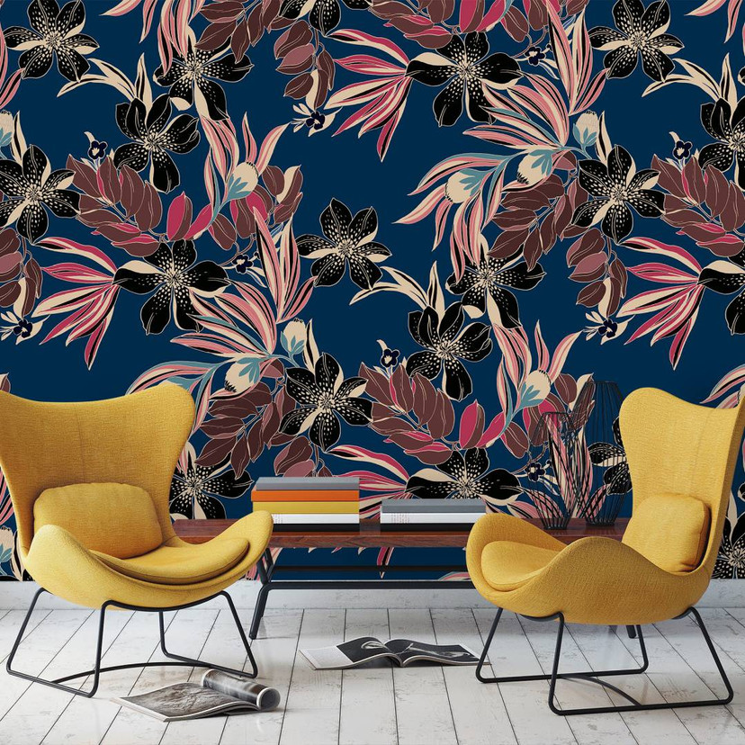 Abstrakt blomstertapet Fototapet, blå blomster 3,40 x 2,12 m