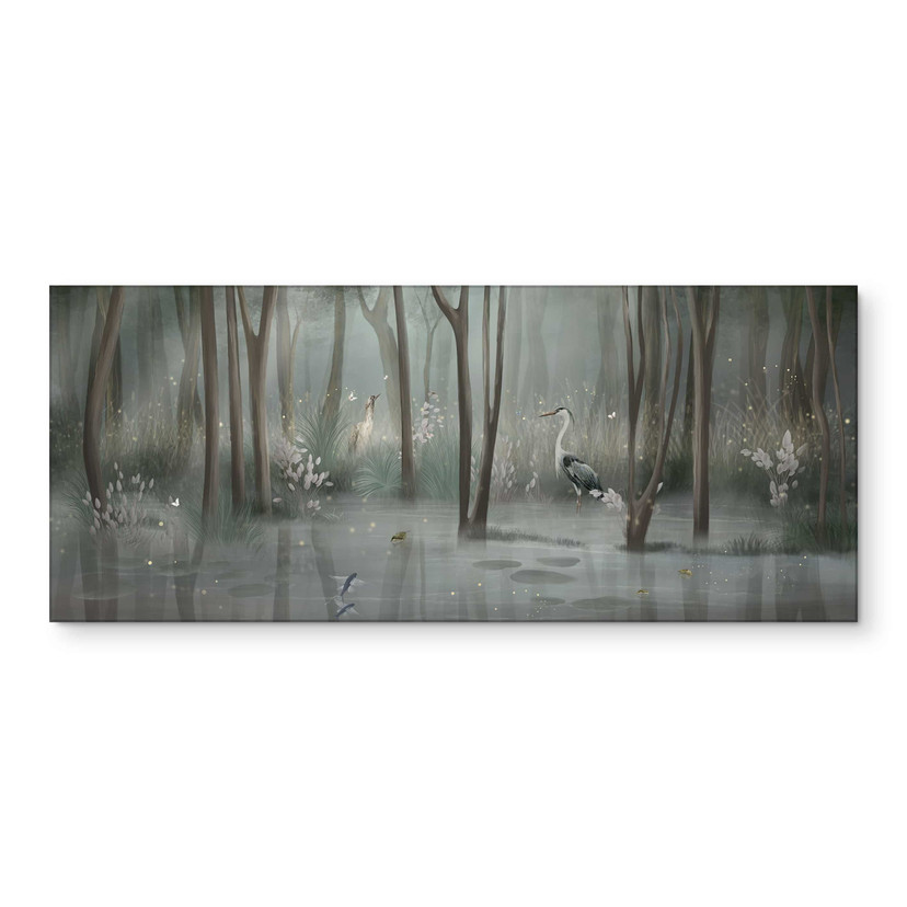 Keukenachterwand wolkenbos aan het meer met reiger in het groen - Ms Tiff