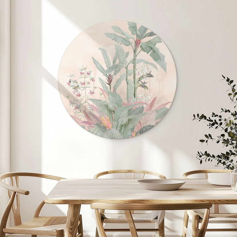 Tropisk idyl med kolibri abrikos - Bloomery Decor - rund – print på aluminium (Alu-Dibond)