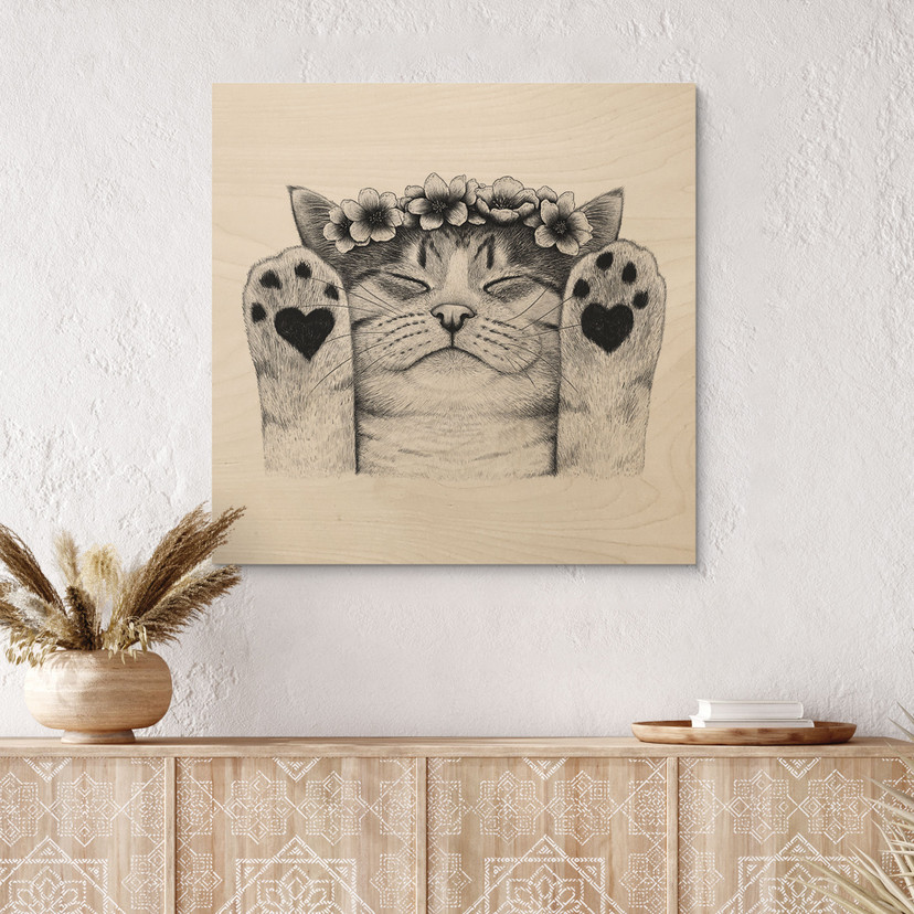 Houten Wanddecoratie Lieve kat met hartjespootjes - Korenkova - Vierkant