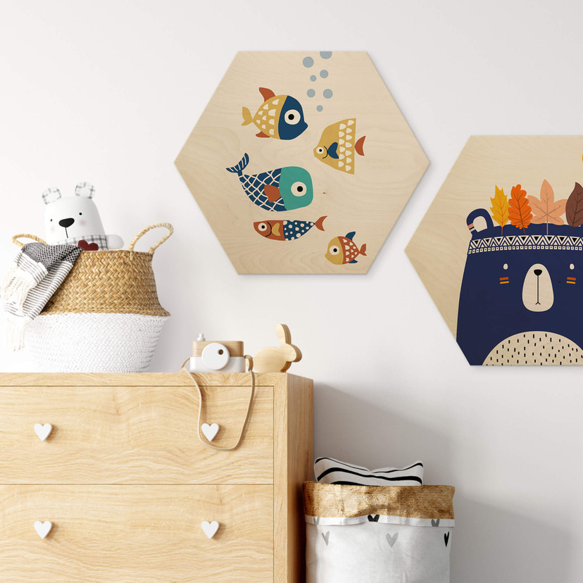 Hexagon Hout Kubistika - Colorful Fish