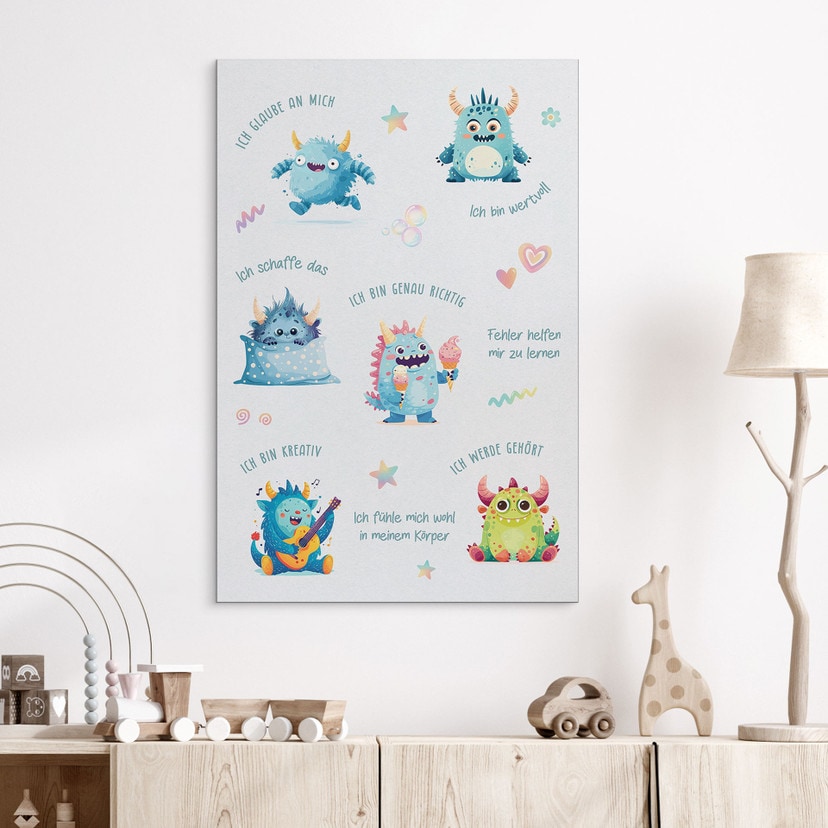 Alu-Dibond Wandbild - Affirmationen Monster in Pastellfarben für Kinder