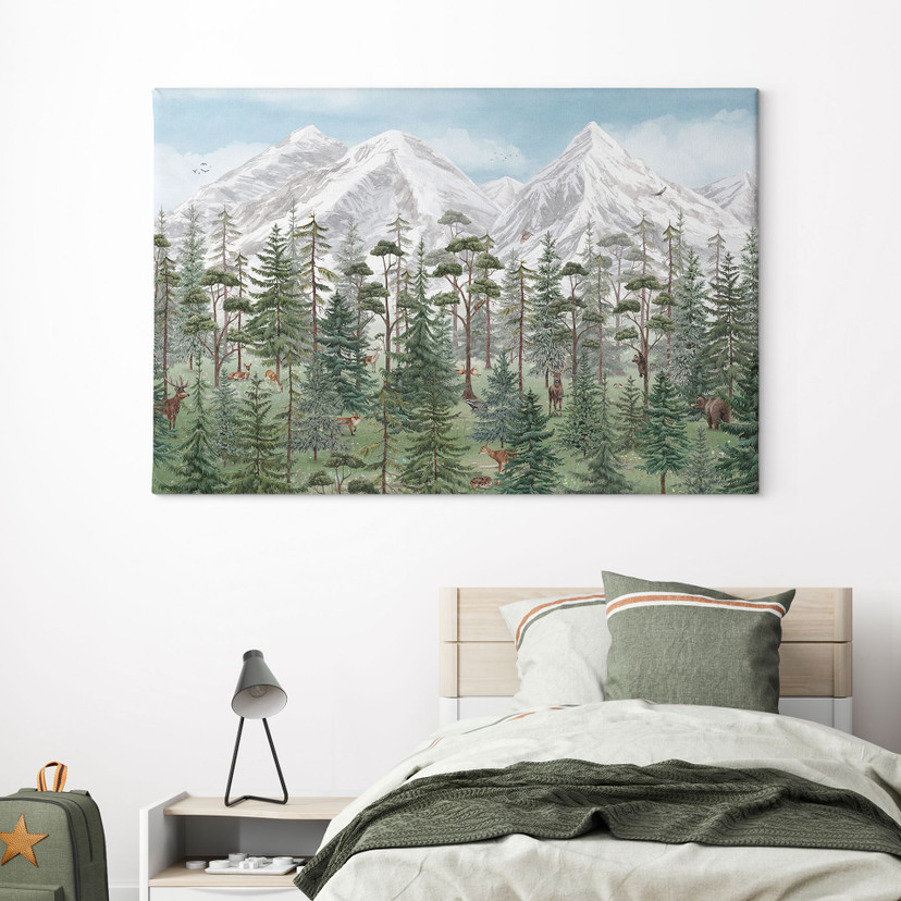 Canvas schilderij bosdieren in een groen alpenbos - Kikki Belle