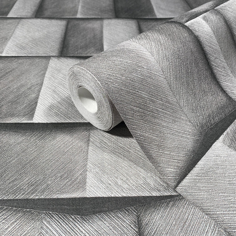 Tapeta z włókniny z motywem drewna o geometrycznym, szarym wyglądzie 3D