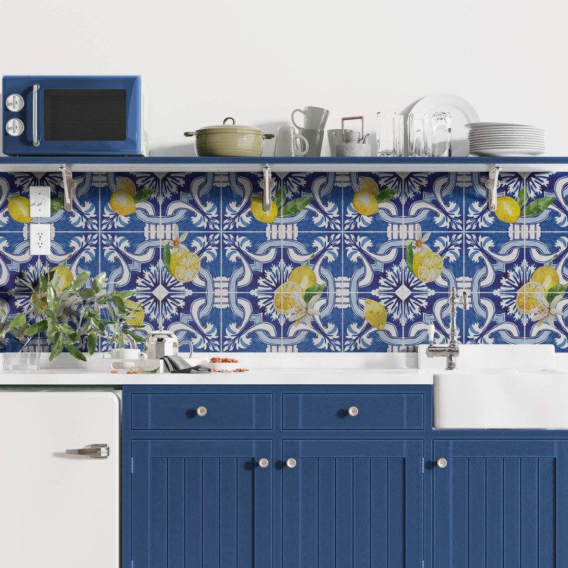 Azulejos Adhesivos Siciliana en azul con limones - lote de 12