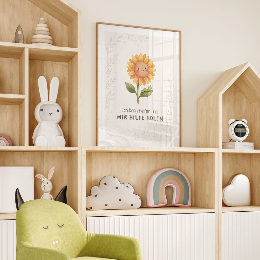 Kinder-Poster 'Ich kann helfen' mit Sonnenblume und Raupe