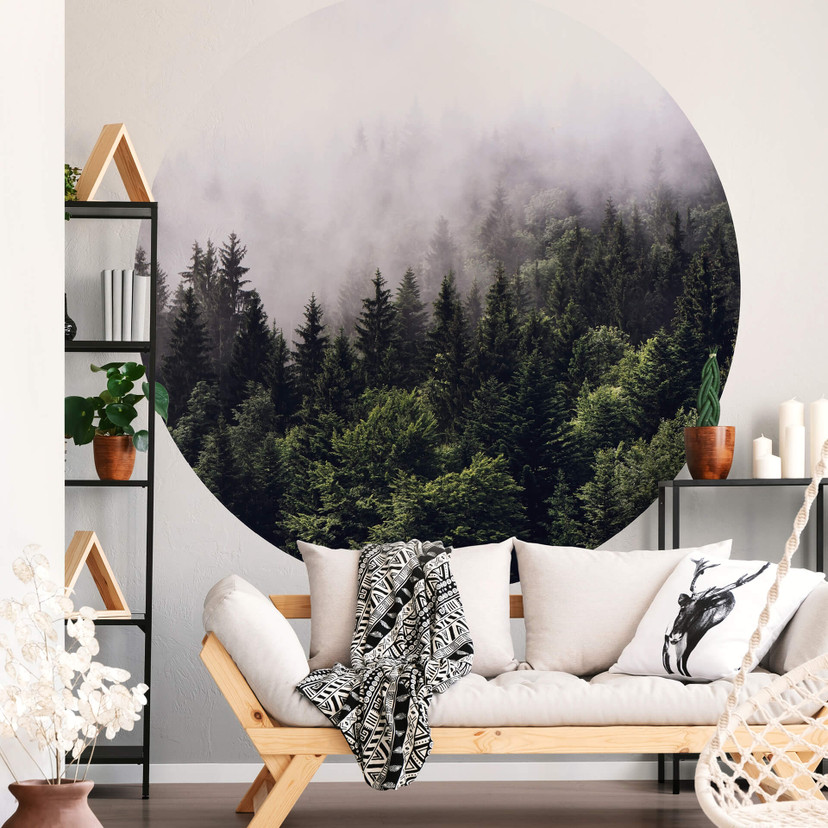Papier peint photo Forêt dans la brume - Rond - papier peint intissé/papier peint intissé autocollan