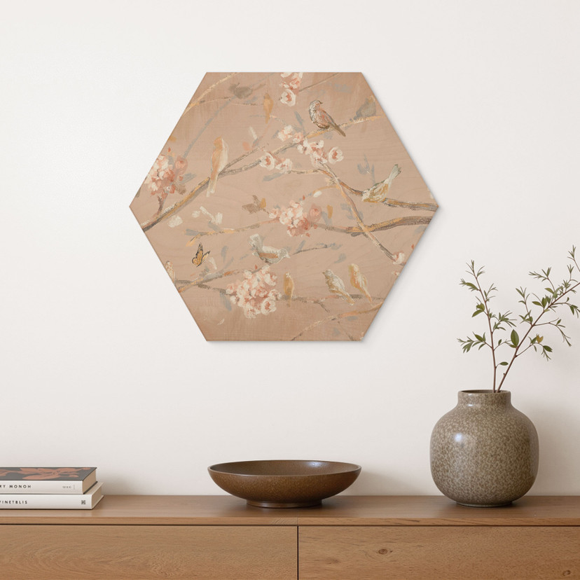 Hexagon Holzbild Vögel auf Kirschblüten - Cheney