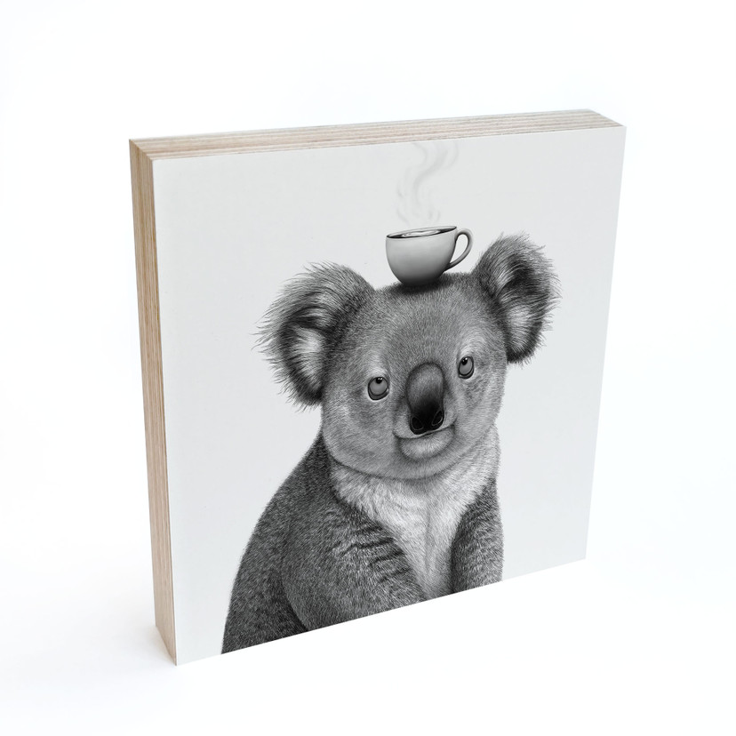 Tableau sur bois à poser - Koala avec café - Korenkova - 15x15 cm