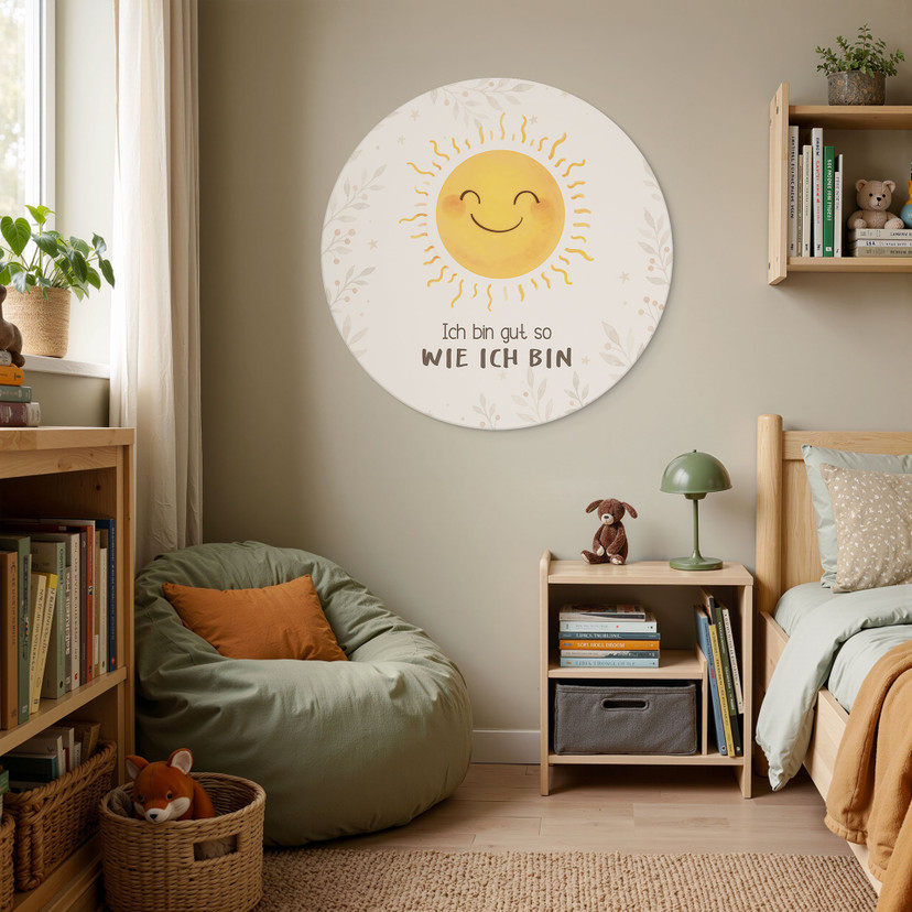 Rundes Alu-Dibond mit Sonne - Bestärkung für das Kinderzimmer 'Ich bin gut so wie ich bin'