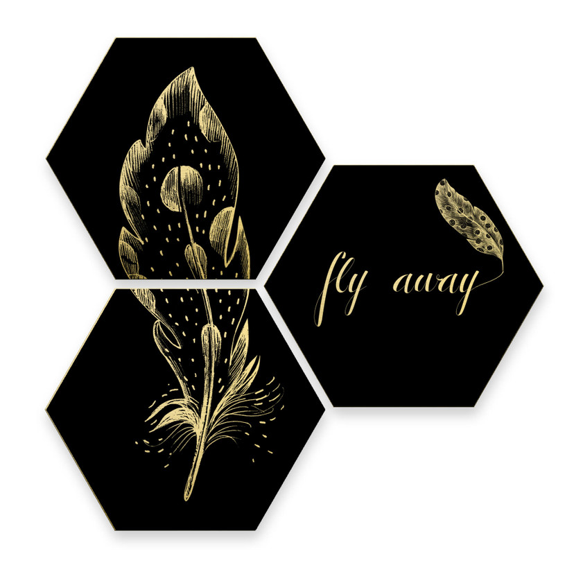 Hexagone - Alu-Dibond effet doré Kvilis - Fly away Set de 3