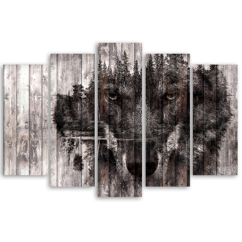 5 stykke lærredsprint, Wolf Forest Retro Vintage
