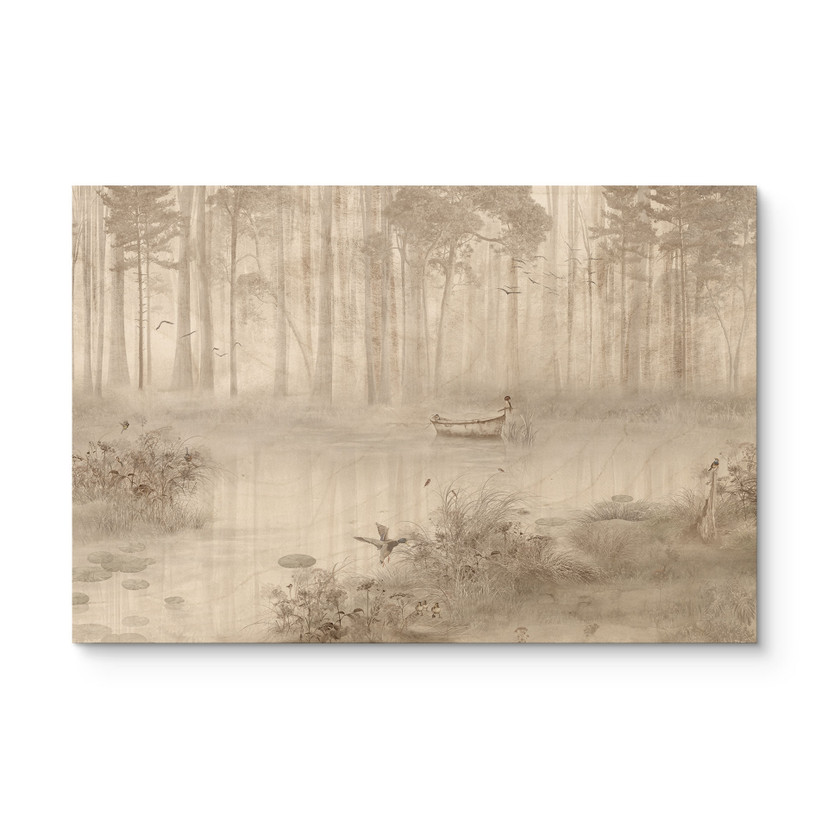 Houten Wanddecoratie bos bij het meer in beige mist - Ms Tiff