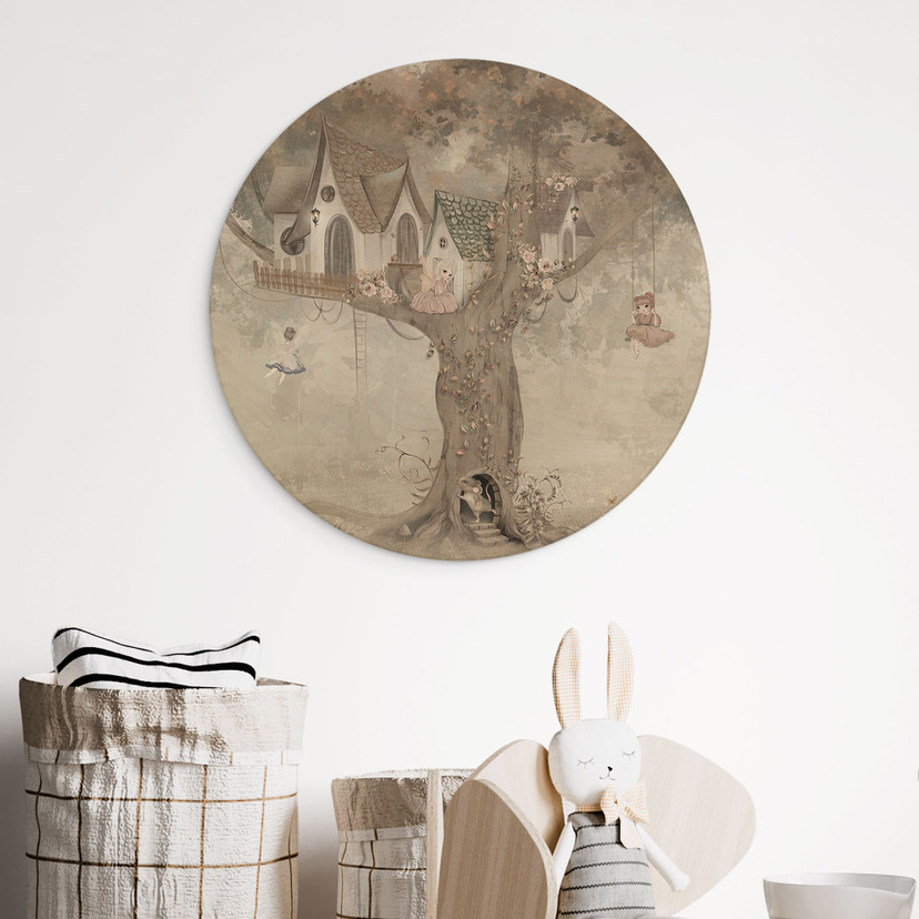 Houten Wanddecoratie Toverboomhut met elfjes - Ms Tiff - Rond
