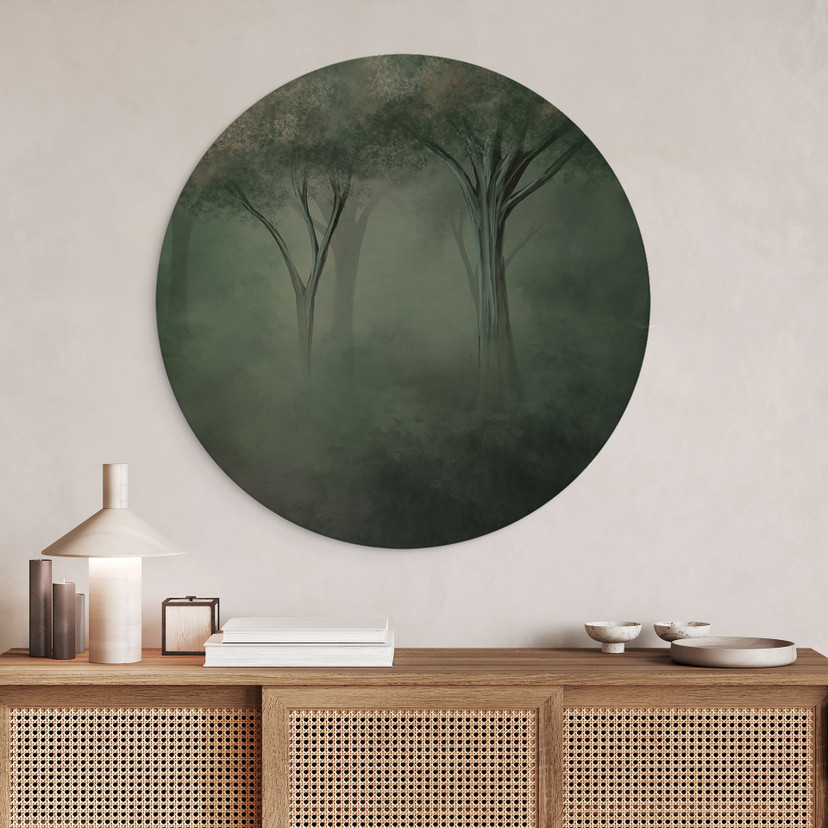 Houten Wanddecoratie bos magie in de ochtendmist groen - Ms Tiff - Rond