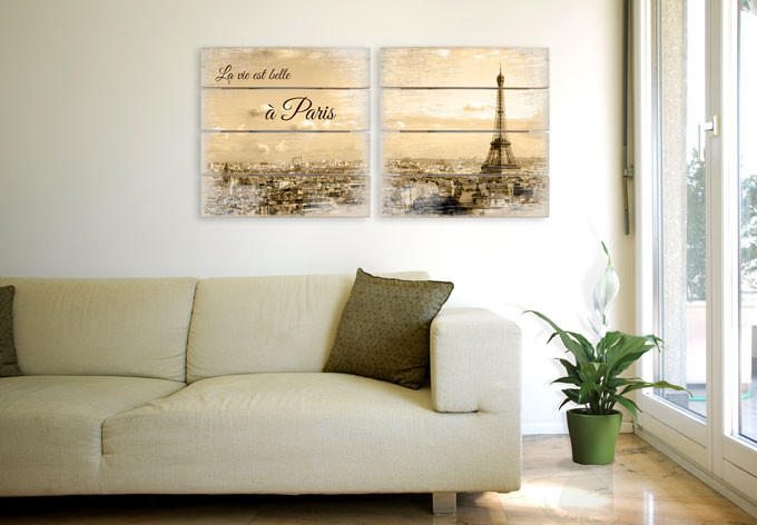Houten Wanddecoratie Skyline van Parijs 2-delig