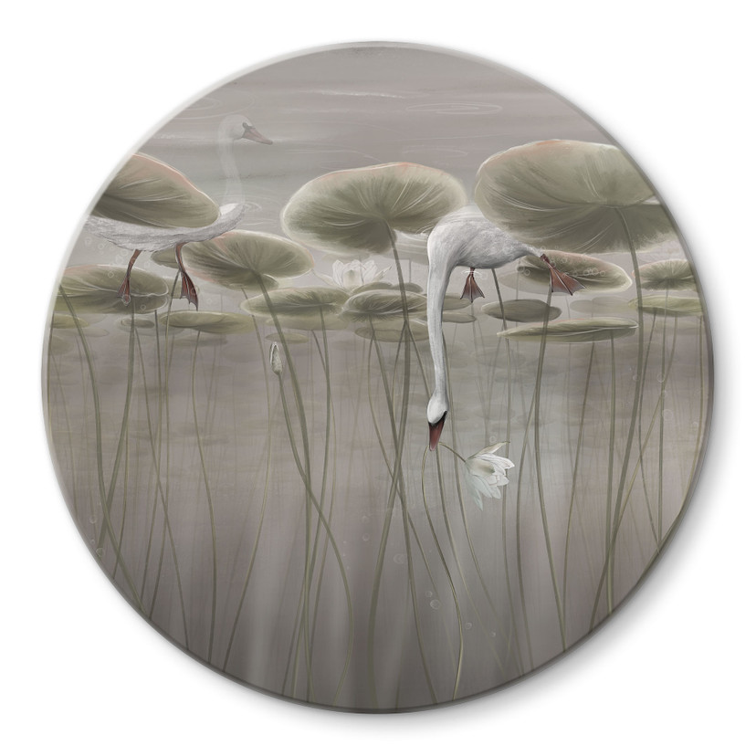 Glasschilderijen Lotusbloemen met zwaan in water in grijs - Ms Tiff - Rond