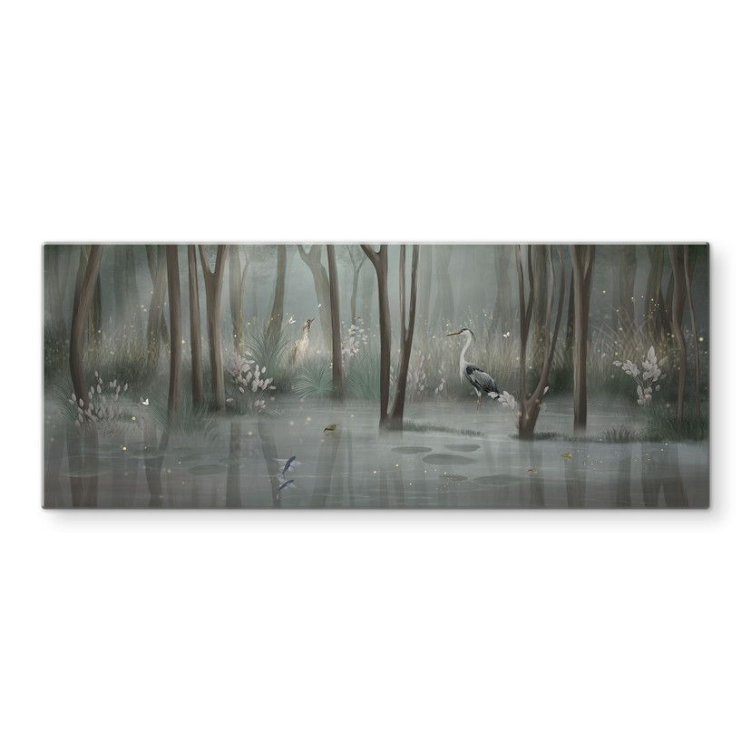 Spatscherm mistig bos bij het meer met reiger in het groen - Ms Tiff - Panorama