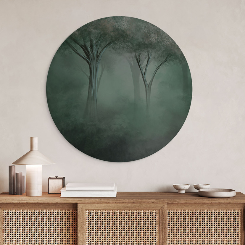 Wanddecoratie Bosmagie in de ochtendnevel groen - Ms Tiff - Alu-Dibond Rond