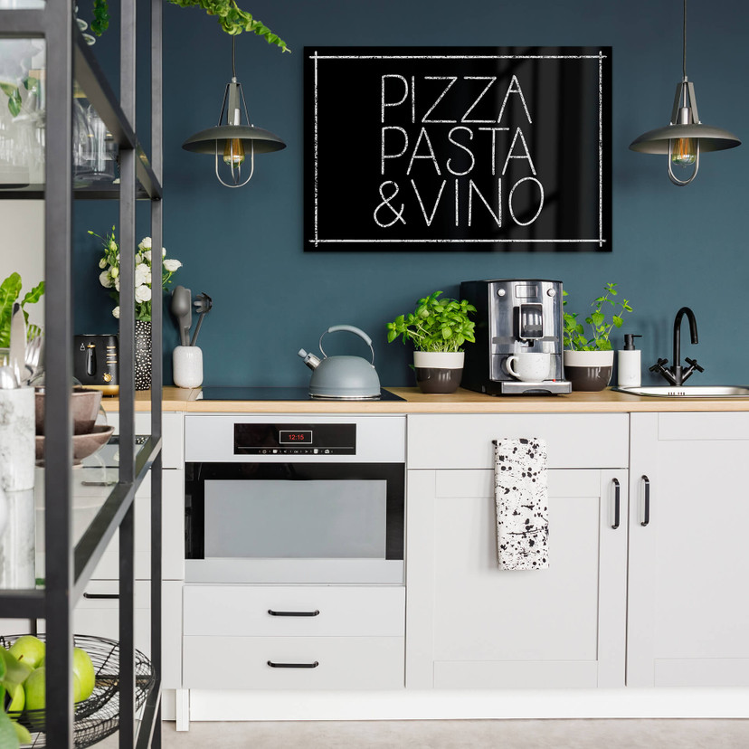 Acrylglasbild Pizza Pasta & Vino schwarz