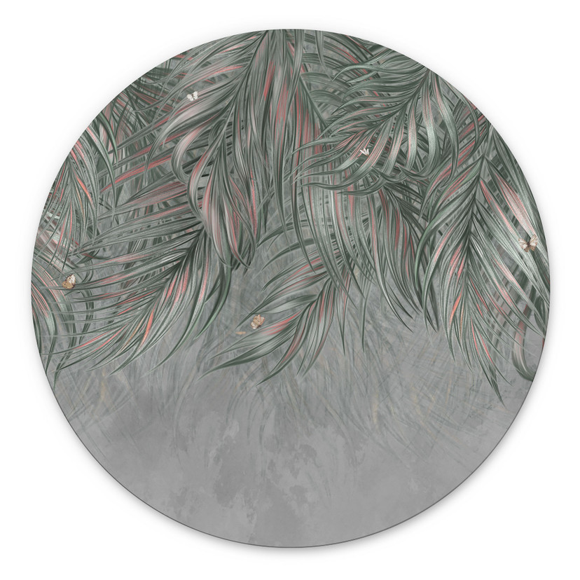 Wanddecoratie Exotische palmbladeren roze-groen - Ms Tiff - Alu-Dibond Rond