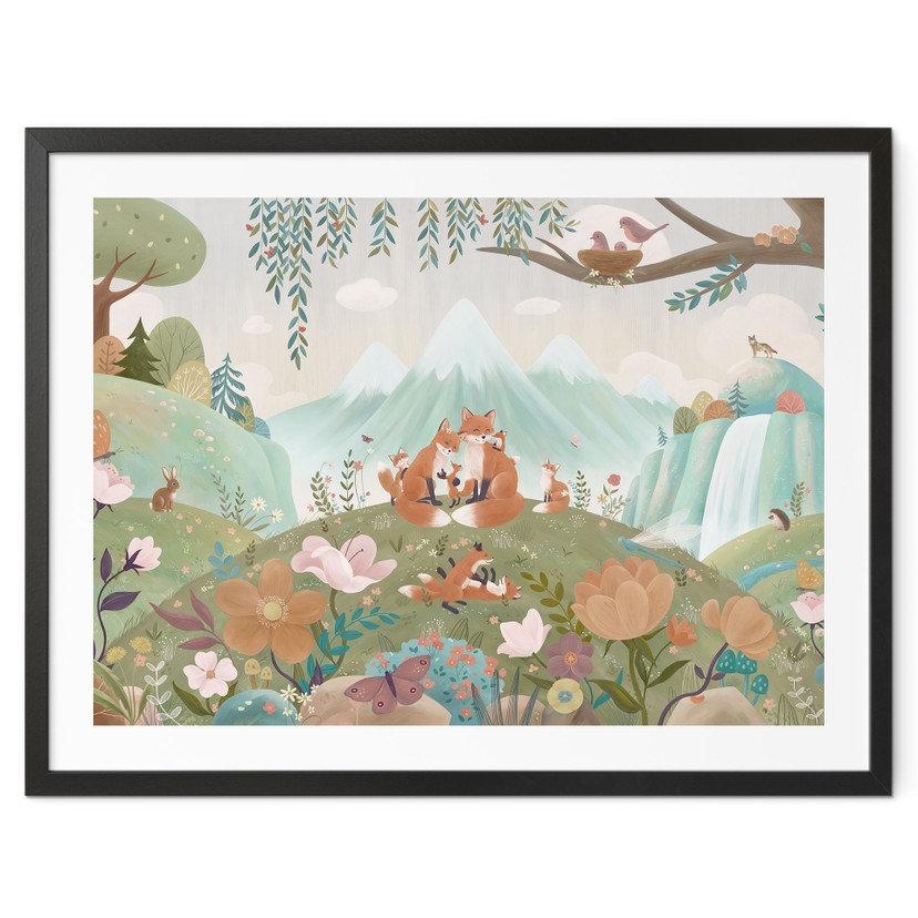 Poster Famille de Renards dans la Prairie Fleurie - Oliver Robins