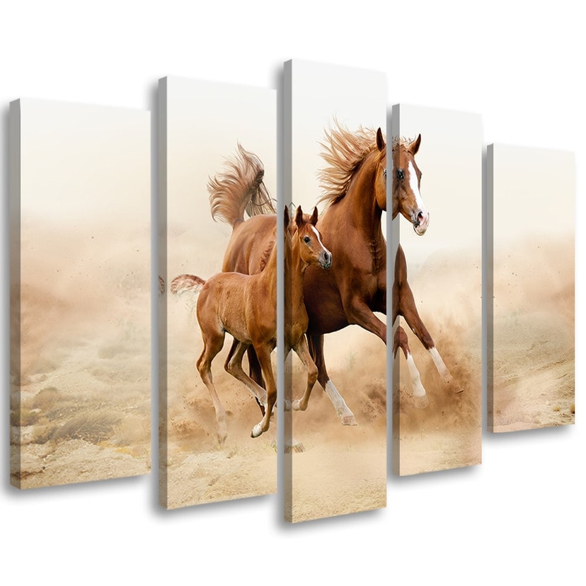 Canvas Print 5 Stuks, Bruin Paard Galop Natuur
