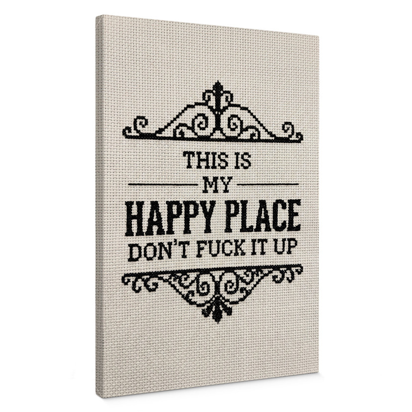 Canvas schilderij Happy Place Spreuk Borduurpatroon - Magnusson