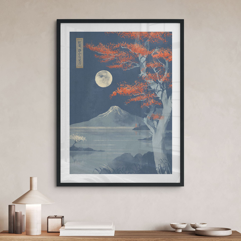 Poster Japan - Volle maan boven de top van Fuji-san - Roze