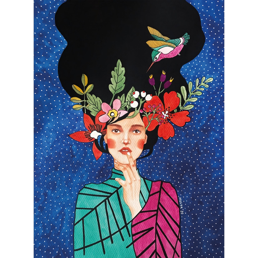 Papier peint femme avec colibri dans la nuit étoilée - Hülya