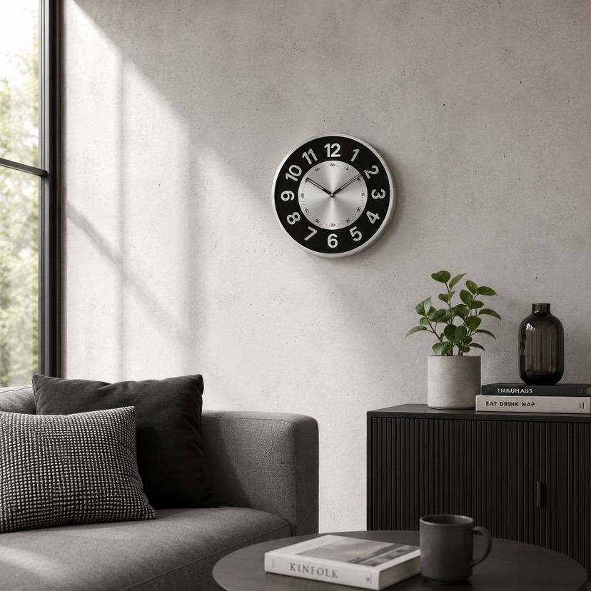 Horloge murale ronde noir et argent effet métal avec grands chiffres pour le salon 30x30x4 cm