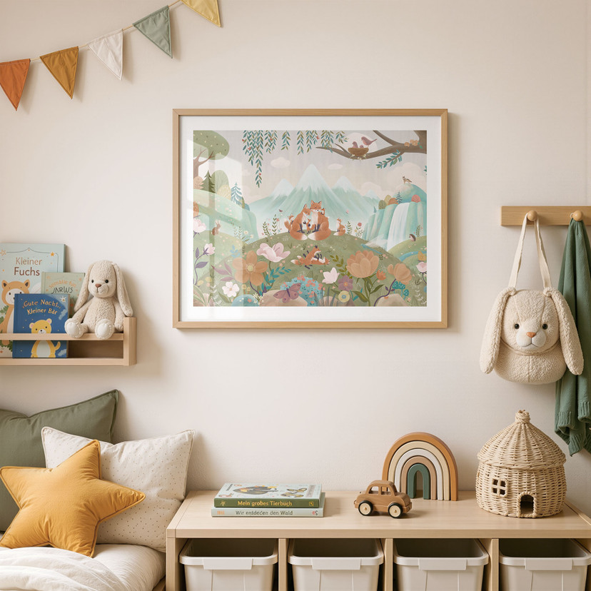 Poster Famille de Renards dans la Prairie Fleurie - Oliver Robins