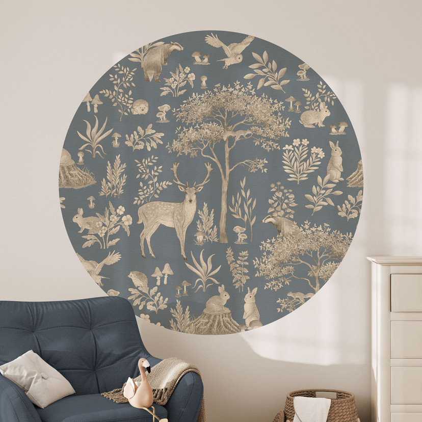 Wandtattoo Bezaubernder Wald mit Tieren - Vintage blau - Kikki Belle - Rund