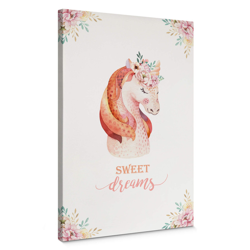 Obraz na płótnie Kvilis - Sweet Dreams - Jednorożec z wieńcem kwiatów