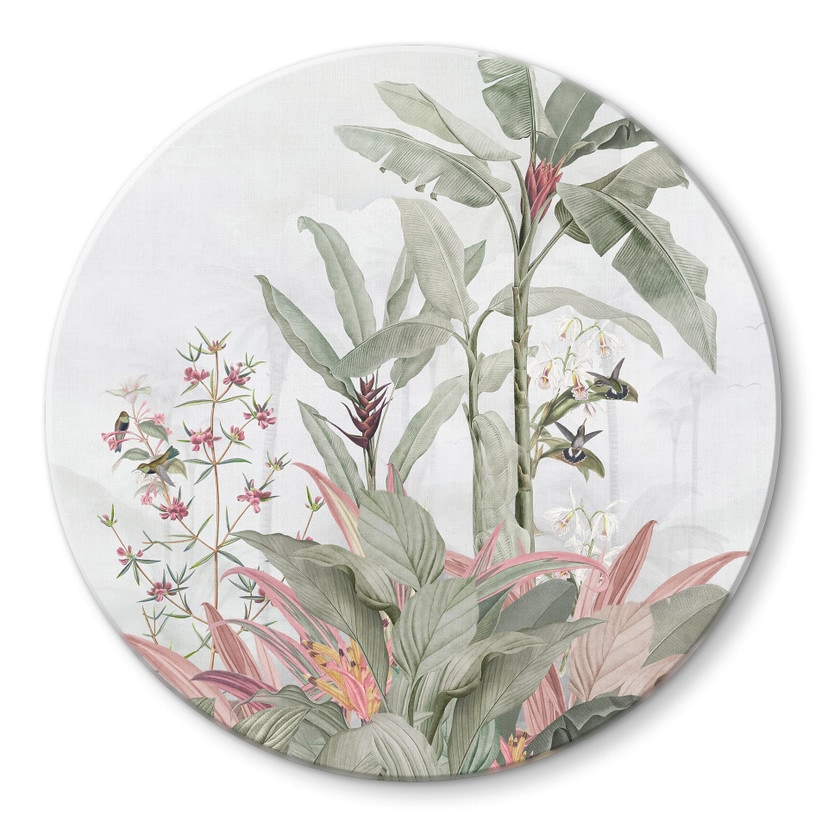 Glasschilderijen Tropical Idyll met Kolibrie Blauw - Bloemdecor - Rond