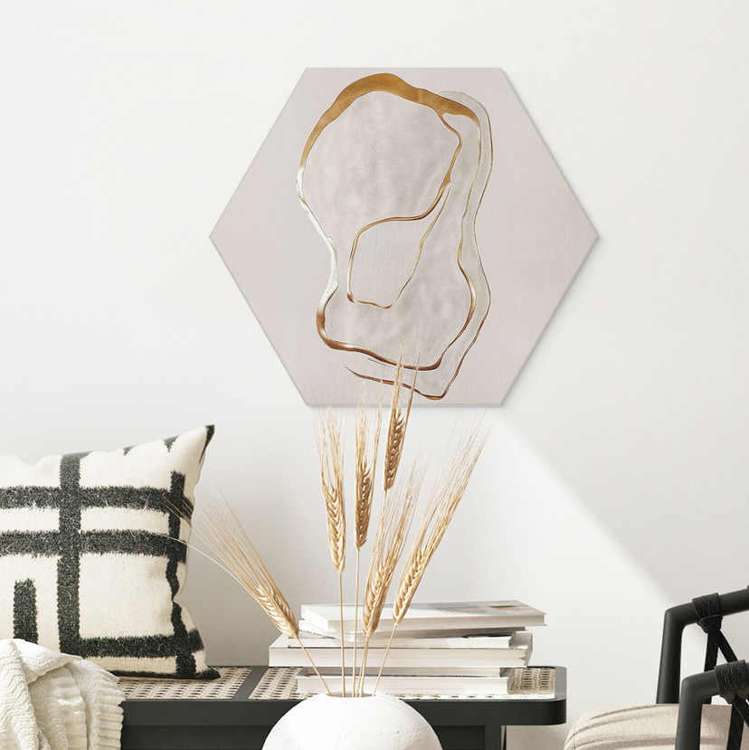 Sekskantet, abstrakt billedkunst i guld og beige - Aluminium dibond - Alma