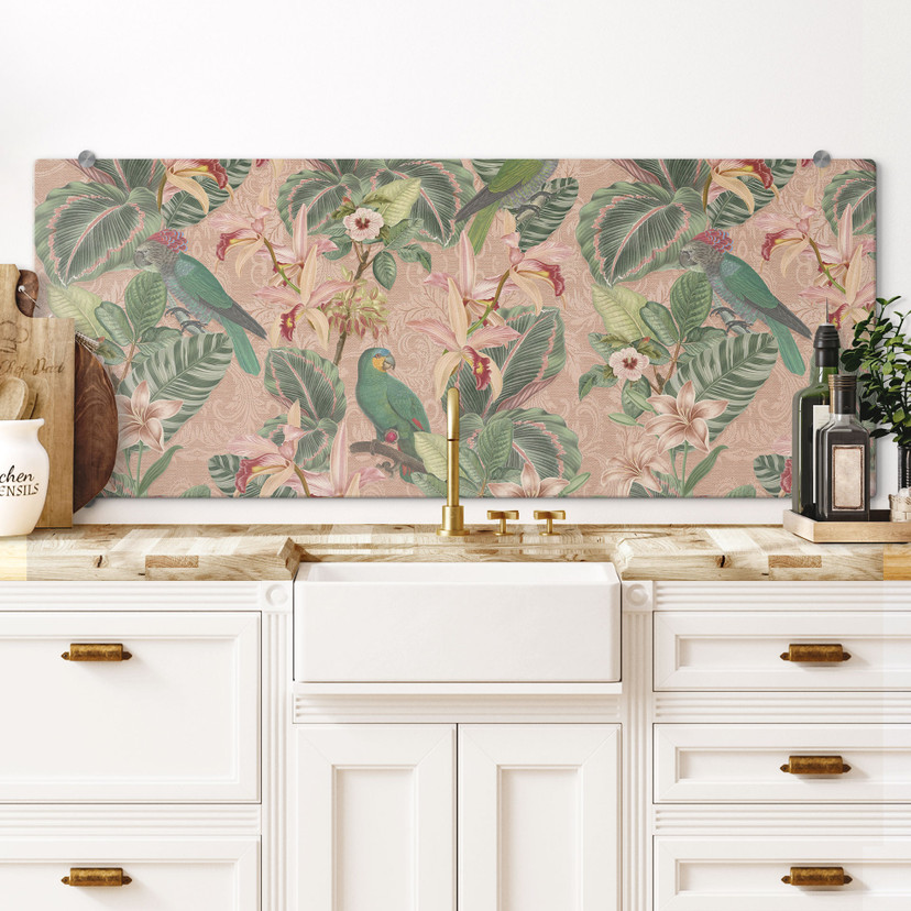 Spritzschutz Dschungel mit Papageien Rosa - Bloomery Decor - Panorama